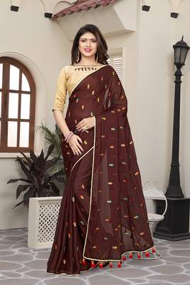Brown embroidered art silk saree with blouse 3