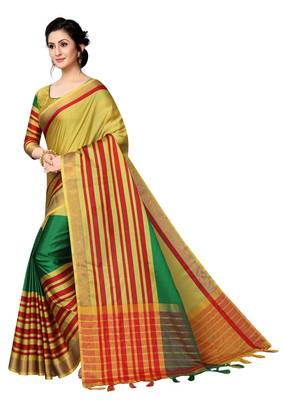 Yellow printed polycotton saree with blouse 3