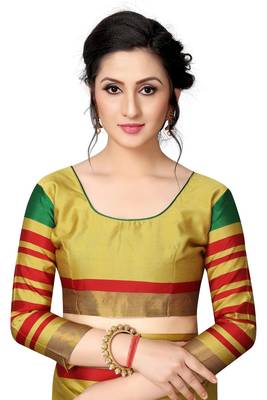 Yellow printed polycotton saree with blouse 5