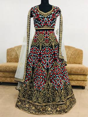 Black embroidered silk semi stitched lehenga with dupatta 1