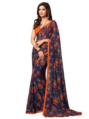 Navy blue printed chiffon saree with blouse 1