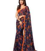 Navy blue printed chiffon saree with blouse