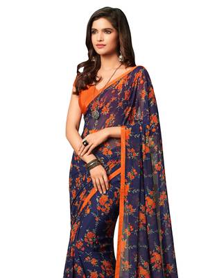 Navy blue printed chiffon saree with blouse 2
