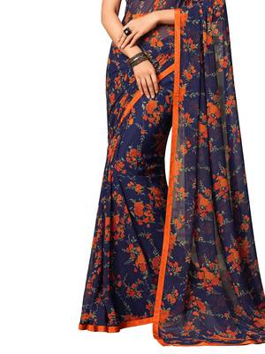 Navy blue printed chiffon saree with blouse 3