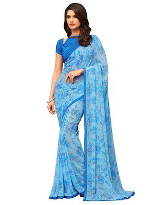 Blue Printed Chiffon Saree With Blouse 1