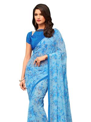 Blue Printed Chiffon Saree With Blouse 2