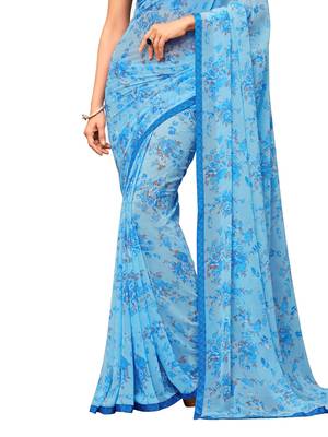 Blue Printed Chiffon Saree With Blouse 3