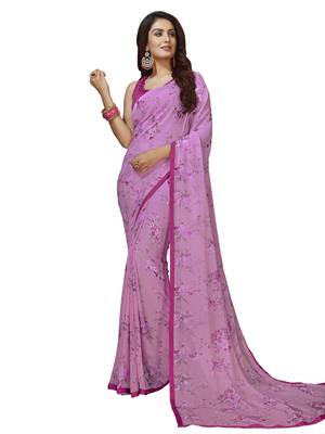 Violet Printed Chiffon Saree With Blouse 1