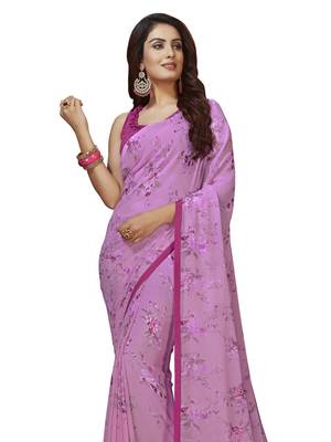 Violet Printed Chiffon Saree With Blouse 2