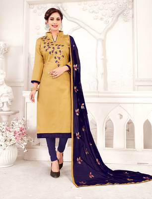 Beige embroidered cotton salwar with dupatta 1