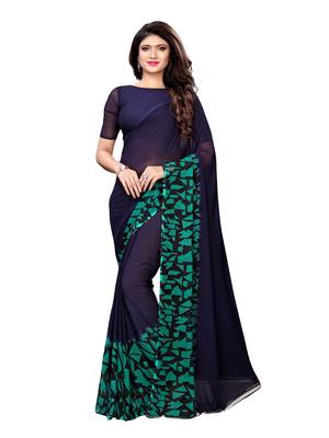 Navy Blue Printed Georgette Saree With Blouse 1