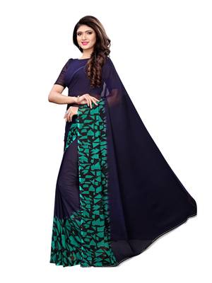 Navy Blue Printed Georgette Saree With Blouse 2