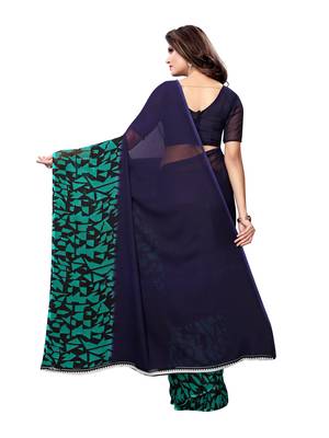 Navy Blue Printed Georgette Saree With Blouse 3