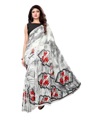 White Printed Georgette Saree With Blouse 2