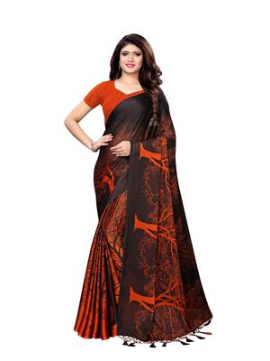 Orange printed shimmer saree with blouse 1