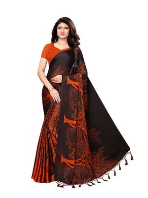Orange printed shimmer saree with blouse 2