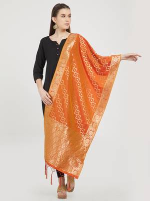Orange woven banarasi art silk dupatta for women 1