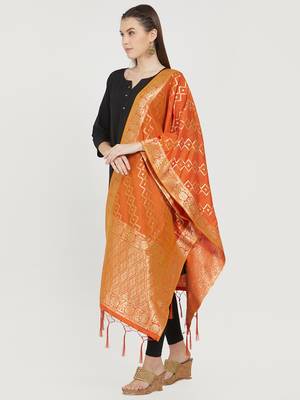Orange woven banarasi art silk dupatta for women 2