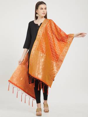 Orange woven banarasi art silk dupatta for women 4