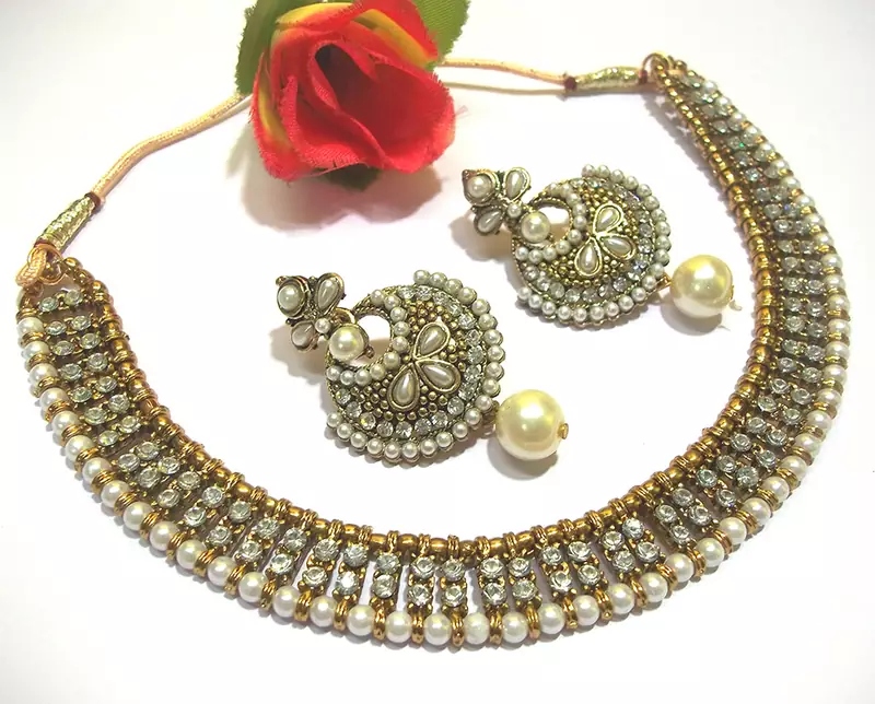 Antic Pearl Stone Polki Necklace Set