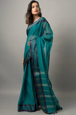 Blue hand woven khadi saree with blouse 3