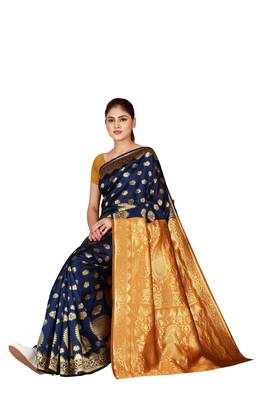 Dark blue woven banarasi saree with blouse 1