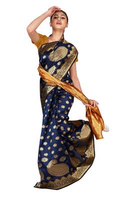 Dark blue woven banarasi saree with blouse 2