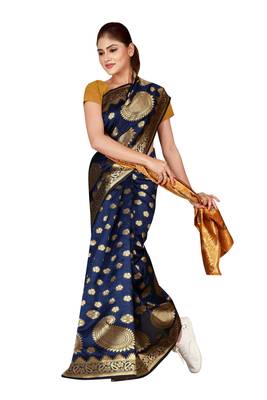 Dark blue woven banarasi saree with blouse 3
