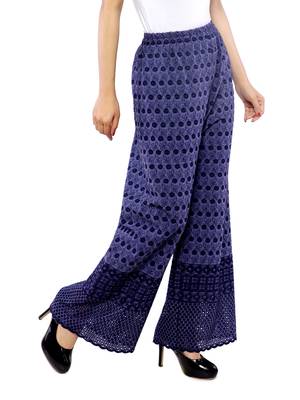Navy Blue Chikankari Embroidery Cotton Palazzo (Free Size) 2