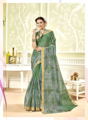 Olive Abstract Print Chanderi Silk Saree With Blouse 1