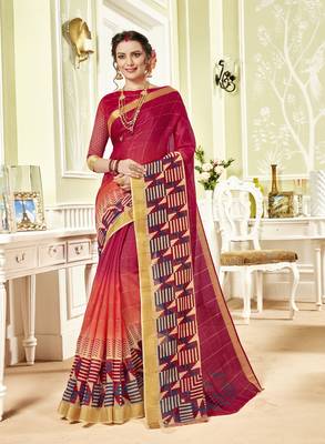 Red Abstract Print Chanderi Silk Saree With Blouse 1