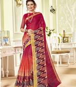 Red Abstract Print Chanderi Silk Saree With Blouse