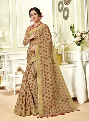 Gold Abstract Print Chanderi Silk Saree With Blouse 1