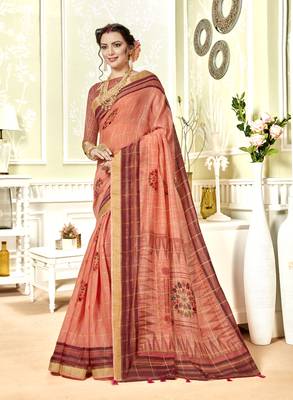 Peach Abstract Print Chanderi Silk Saree With Blouse 1