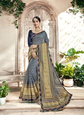 Blue Abstract Print Cotton Silk Saree With Blouse 1