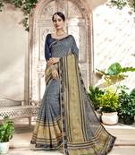 Blue Abstract Print Cotton Silk Saree With Blouse