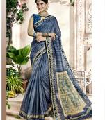 Blue Abstract Print Cotton Silk Saree With Blouse