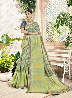 Green Abstract Print Cotton Silk Saree With Blouse 1