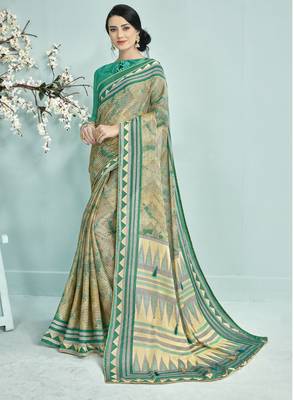 Turquoise Abstract Print Silk Saree With Blouse 1