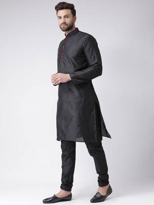 Black Plain Silk Blend Kurta Pajama 2