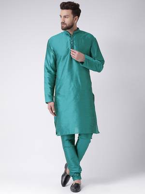 Green Plain Silk Blend Kurta Pajama 1