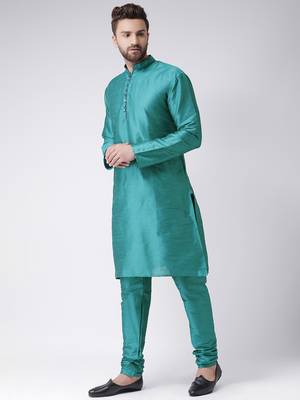 Green Plain Silk Blend Kurta Pajama 2
