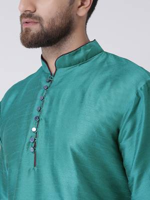 Green Plain Silk Blend Kurta Pajama 4