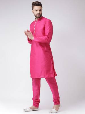 Pink Plain Silk Blend Kurta Pajama 2