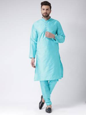 Blue Plain Silk Blend Kurta Pajama 1