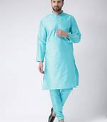 Blue Plain Silk Blend Kurta Pajama