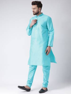 Blue Plain Silk Blend Kurta Pajama 2