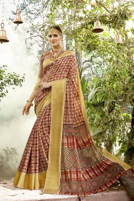 Gold Abstract Print Chanderi Silk Saree With Blouse 1
