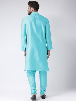 Blue Plain Silk Blend Kurta Pajama 3