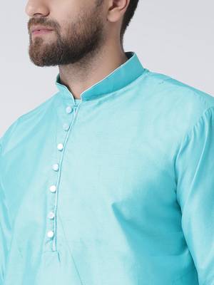 Blue Plain Silk Blend Kurta Pajama 4